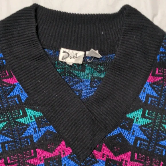 Vintage 90s Colorful Abstract Print V Neck Sweater Size L Grannycore - Picture 2 of 7